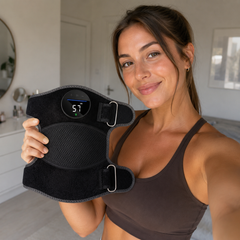 Amanda holding her Rayvion 3-in-1 therapy wrap at home